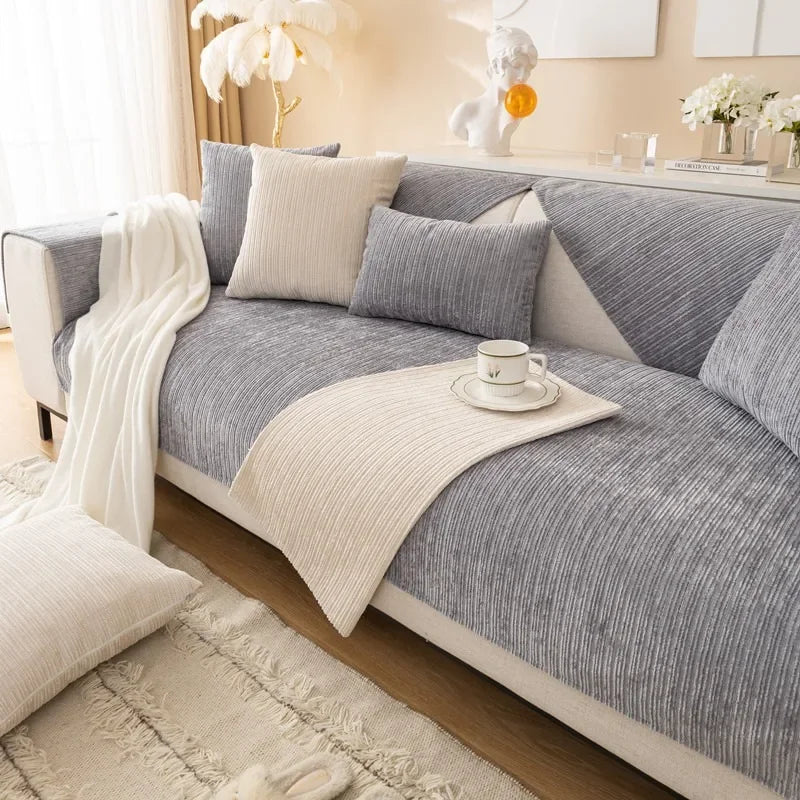 Elevate Your Living Room with Our Chic Striped Chenille Sofa Cover - Perfect for Pets and Kids!