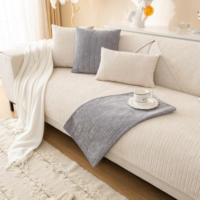 Elevate Your Living Room with Our Chic Striped Chenille Sofa Cover - Perfect for Pets and Kids!