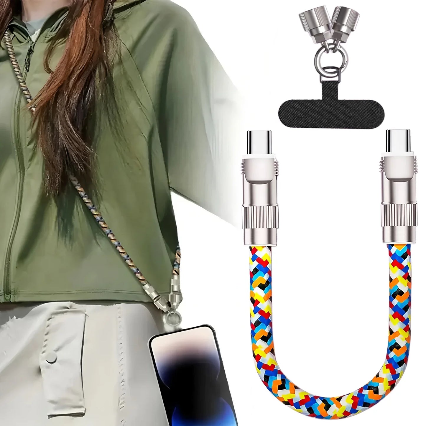 Stay Stylish and Powered Up with Our 2-in-1 Lanyard Charging Cable - Featuring a Sleek Zinc Alloy Lock for Ultimate Convenience!