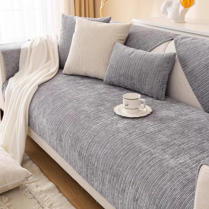 Elevate Your Living Room with Our Chic Striped Chenille Sofa Cover - Perfect for Pets and Kids!